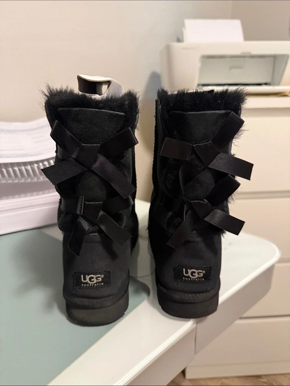 UGG Black Suede Faux Fur Back-Bow Short Boots